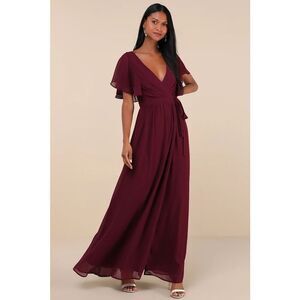 Lulus Convincing Grace Burgundy Flutter Sleeve Wrap Maxi Dress Size XL NWT